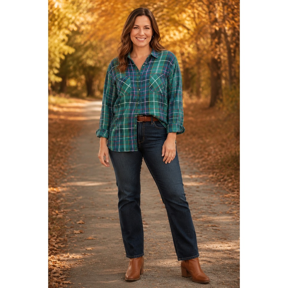 Croft & Barrow Women's XXL Green Plaid Button-Up Shirt Long Sleeve